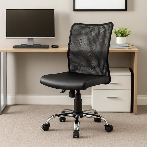 Lene Mesh Tilt Tension Task Chair in Black and Chrome without Arms