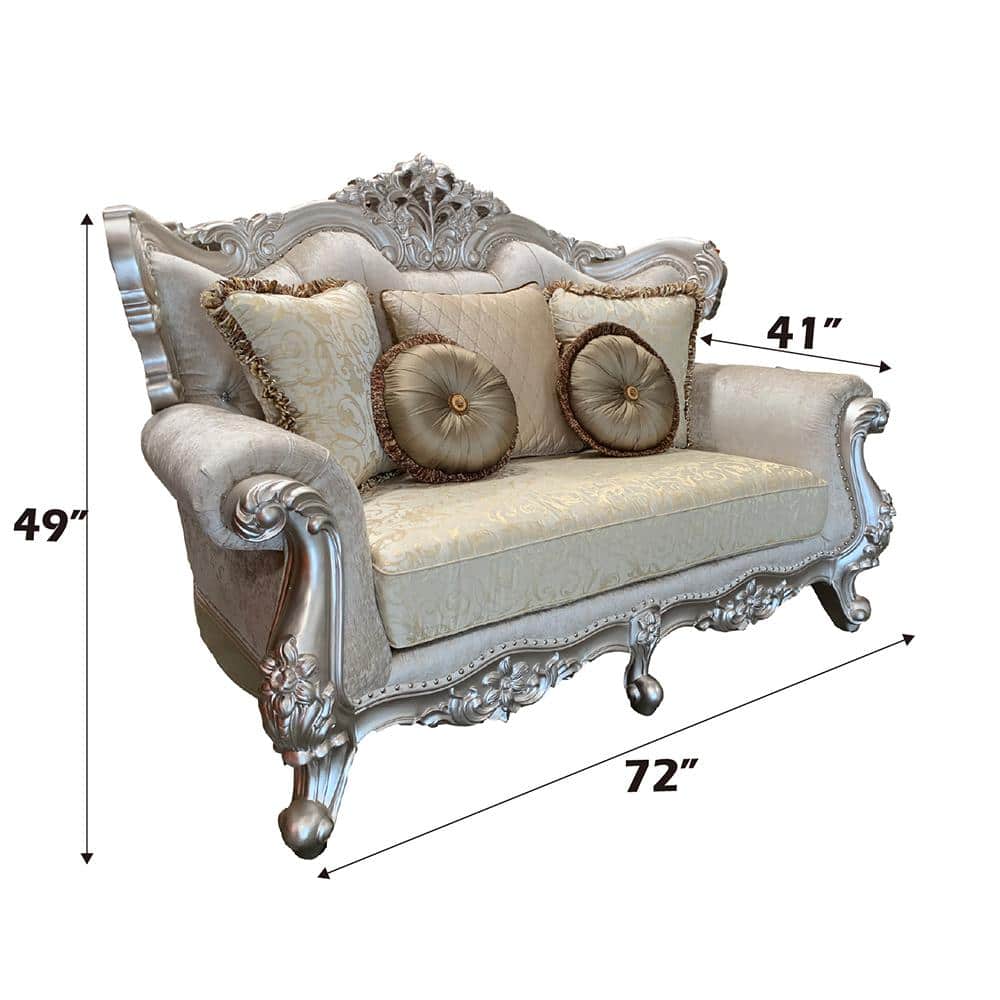 Champagne Beige Tufted Linen Rolled Arm Loveseat with Nailhead Trim