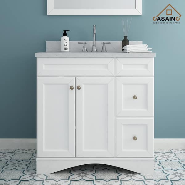 CASAINC 36 in. W x 22 in. D x 35.4 in. H Single Sink Solid Wood Bath Vanity in White with White Natural Marble Top and Mirror