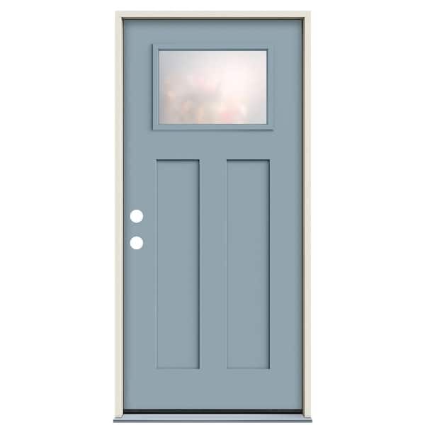 36 in. x 80 in. Right-Hand 1/4-Lite Craftsman Blanca Frosted Glass Light Blue Painted Fiberglass Prehung Front Door