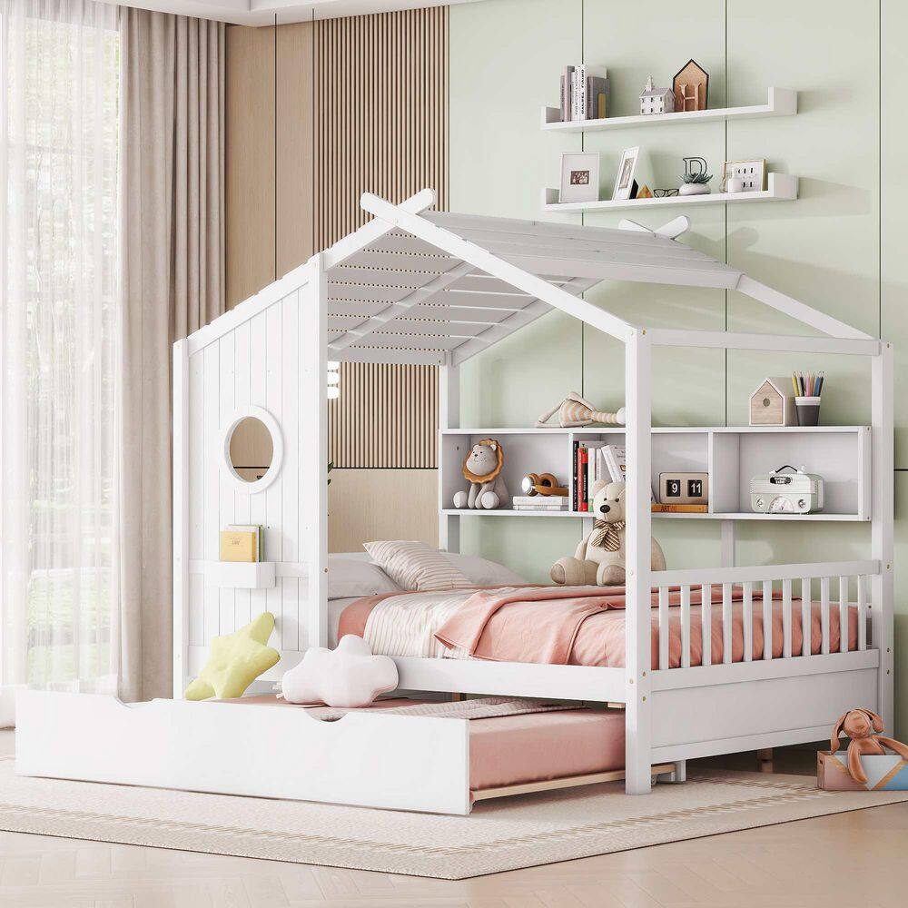 White Wood Frame Full Size Platform Bed with Trundle, Storage Shlef price history on PriceWatchPro