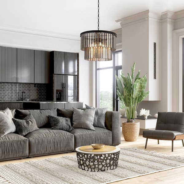 Hemera 4-Light Black Modern Drum Chandelier with 2-Tier Plated Mercury Glass Shade Living Room Silvered Hanging Light