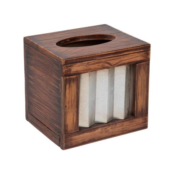 Burnt Brown Wood Square Facial Tissue Box Cover with Hinged Lid