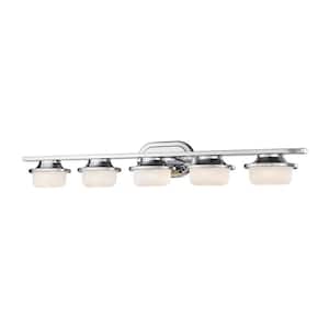 Optum 38.7 in. 5-Light Chrome Integrated LED Shaded Vanity Light with Matte Opal Glass Shade