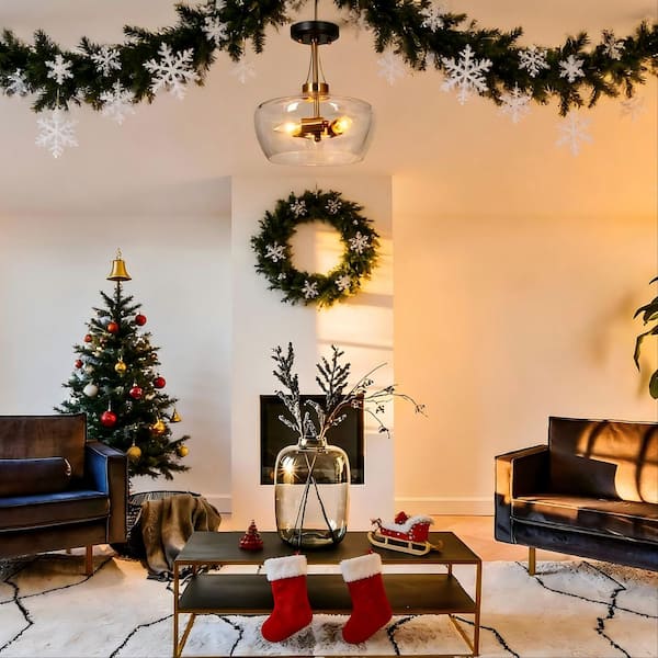 Modern 12 in. 3-Light Black Semi-Flush Mount Light, Brass Pendant Ceiling Light with Clear Bowl Glass for Dining Room