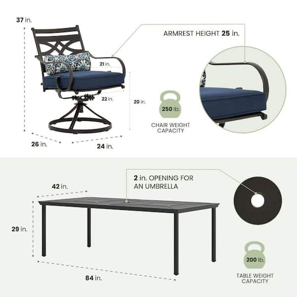 Montclair 9-Piece Steel Outdoor Dining Set with Navy Blue Cushions, 8 Swivel Rockers and 42 in. x 84 in. Table