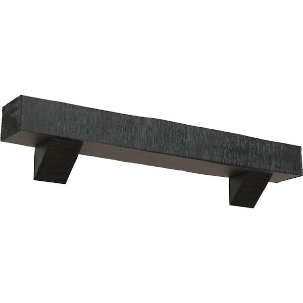 Ekena Millwork 4 in. x 4 in. x 7 ft. Rough Cedar Faux Wood Fireplace Mantel Kit, Breckinridge Corbels, Aged Ash