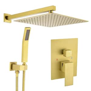 Rainfall Single-Handle 2-Spray Patterns 12 in. Wall Mount Shower Faucet with Hand Shower in Brushed Gold(Valve Included)