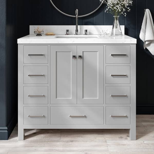 ARIEL Cambridge 42 in. W x 22 in. D x 36 in. H Single Rectangle Sink Bath Vanity in Grey with Carrara White Quartz Top