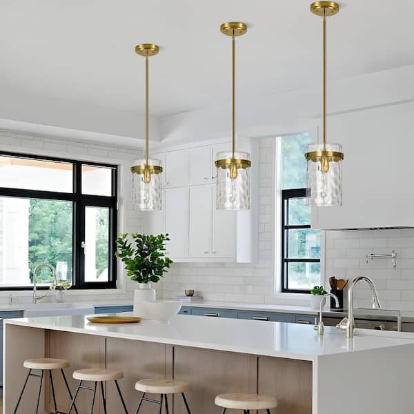 Modern Brass Pendant Light for Kitchen Island with Large Hammered Glass Adjustable Hanging Light for Dining Room Foyer