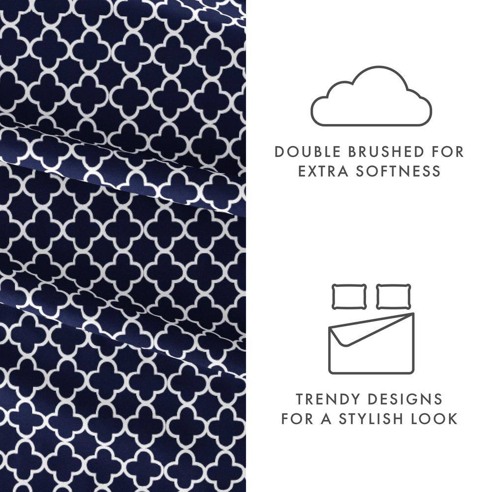 Navy Quatrefoil Microfiber Queen Sheet Set