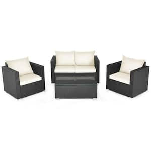 4-Piece Wicker Patio Conversation Set Furniture Set with White Padded Cushions and Tempered Glass Coffee Table