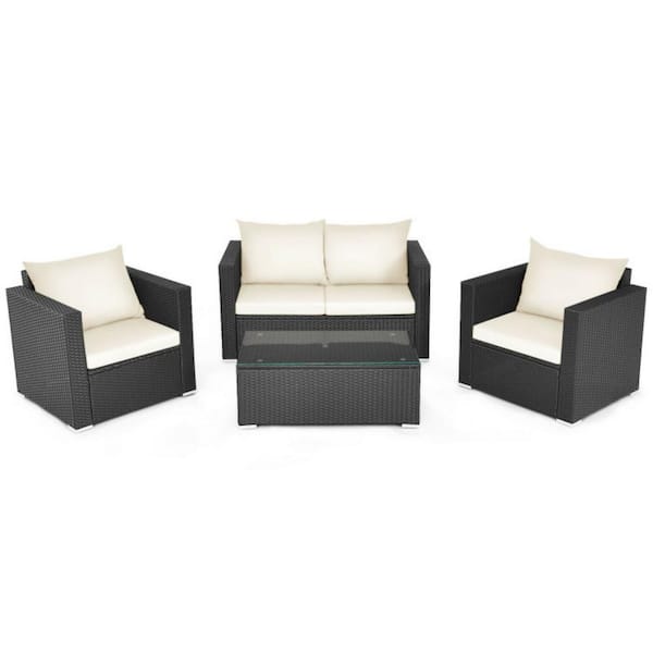 Clihome 4-Piece Wicker Patio Conversation Set Furniture Set with White Padded Cushions and Tempered Glass Coffee Table