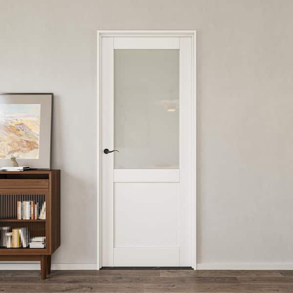 30 in. x 80 in. 1/2-Lite Frosted Glass Right Handed White Solid Core Single Door Kit with Quick Assemble Jamb