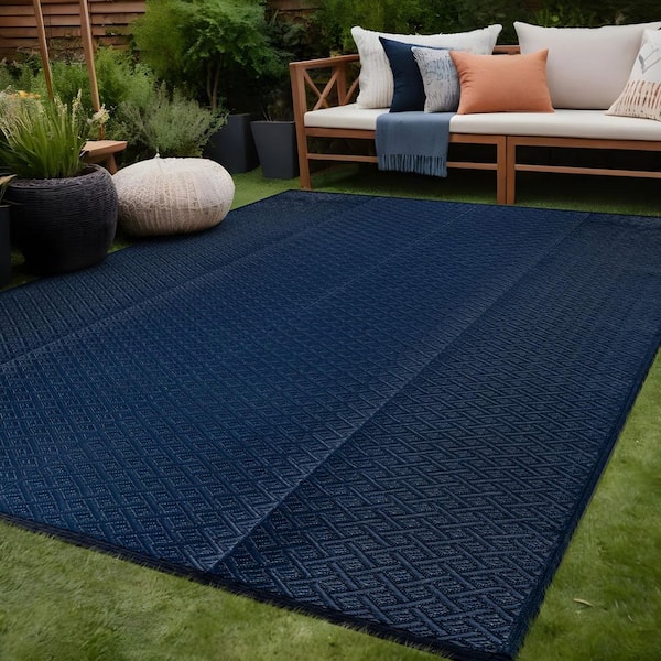 Jewel Navy 8 ft. x 10 ft. Diamond Geometric Washable Trellis Reversible Indoor Outdoor Area Rug