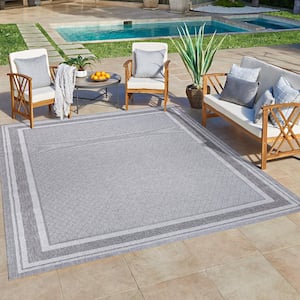 Ringley Tailer Silver 8 ft. x 10 ft. Striped Border Indoor/Outdoor Area Rug