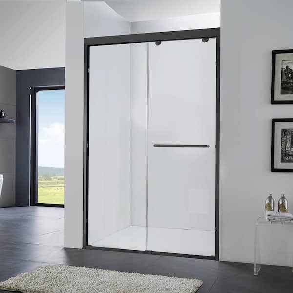 48 in. W x 75 in. H Sliding Framed Shower Door in Matte Black with Temper Glass