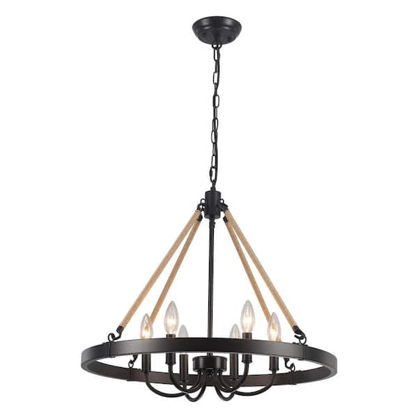 ADSENSTY 6-Light Black and Brown Modern Wagon Wheel Chandelier for Dinning Room, Kitchen Island
