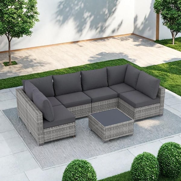 Unbranded 7-Piece Gray Wicker Outdoor Sectional Set with Gray Cushions and Coffee Table