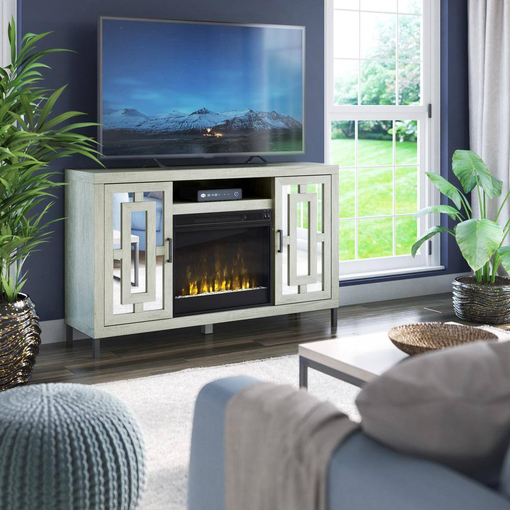 White TV Stand with Electric Fireplace and Mirrored Cabinet Doors