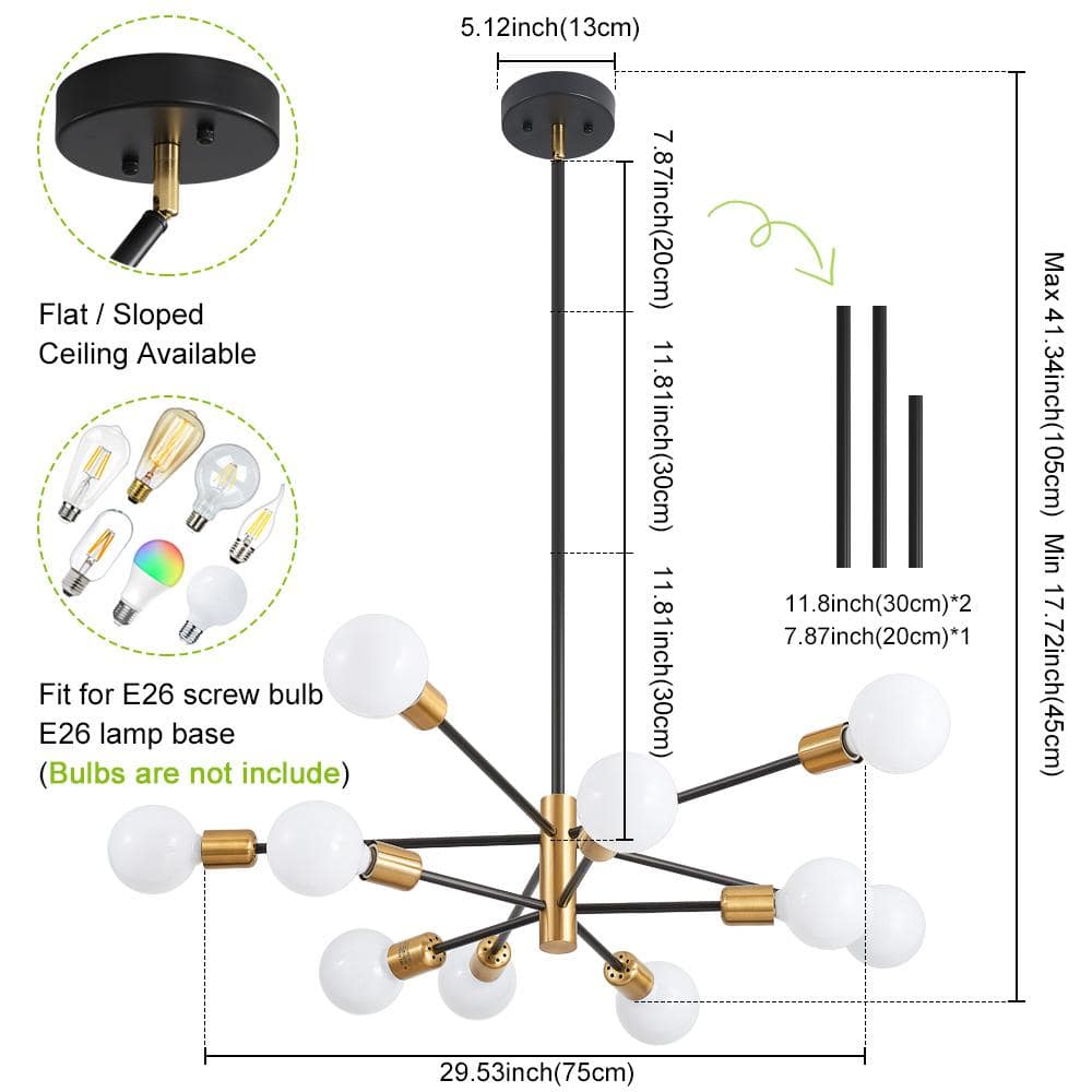 Black and Gold Metal 10-Light Sputnik Chandelier