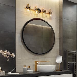 Modern Black and Gold Vanity Light, 4-Light Industrial Bathroom Light with Clear Glass Shades for Makeup Mirror