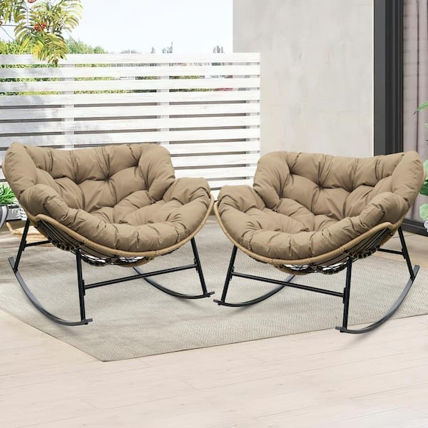 FINCATI Oversized Brown PE Wicker Outdoor Rocking Chair Papasan Chair with Brown Cushion (2-Pieces)