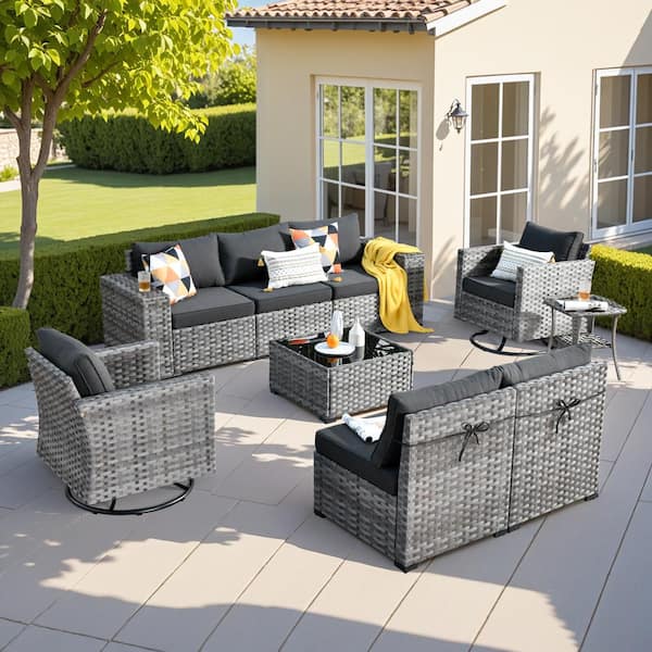 HOOOWOOO Howell 9-Piece Wicker Outdoor Furniture Patio Conversation Sofa Set with Swivel Rocking Chairs and Black Cushions