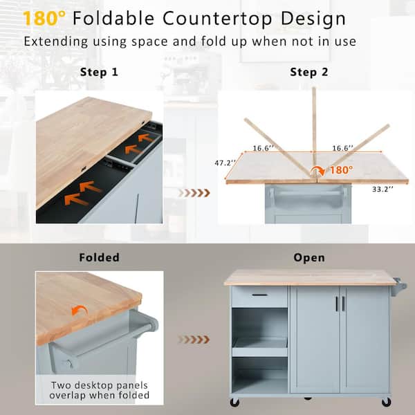 Runesay Gray Mdf Base with Mdf Wood Top Rolling Kitchen Island (33.2-in x 49.02-in x 37.54-in)