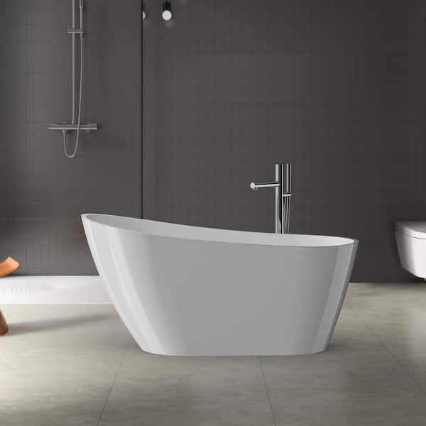 59 in. Acrylic Freestanding Soaking Bathtub with Chrome Drain in Glossy White