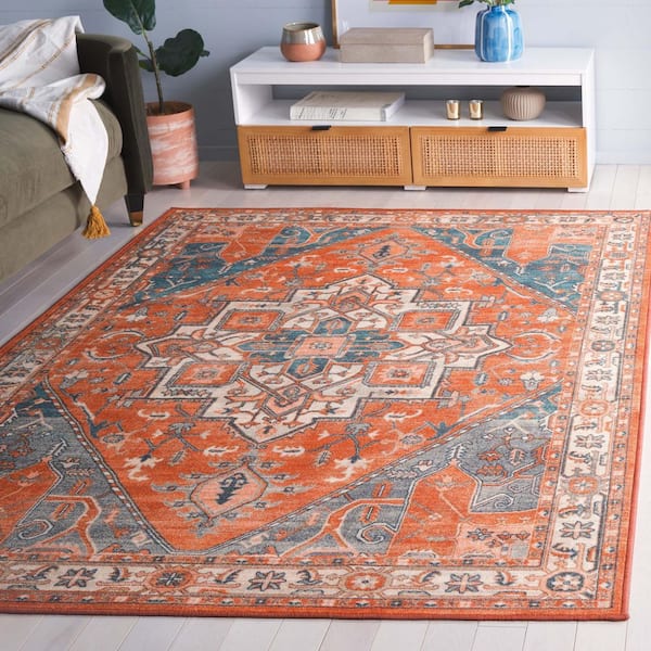 Journey 7 ft. x 7 ft. Rust/Blue Ivory Machine Washable Medallion Aztec Square Area Rug