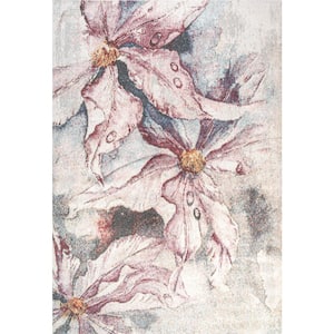 Pastello Pink/Gray 5 ft. x 8 ft. Modern Abstract Muted Flowers Area Rug