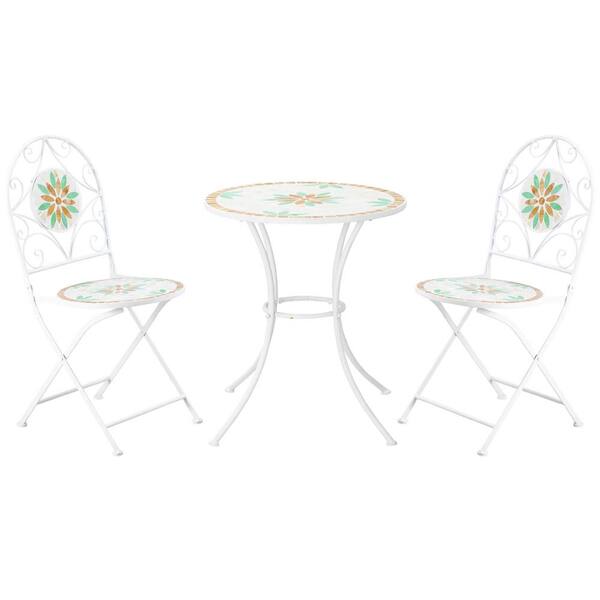 FORCLOVER Mosaic Floral 3-Piece Metal Round Table Outdoor Bistro Set with Folding Chairs
