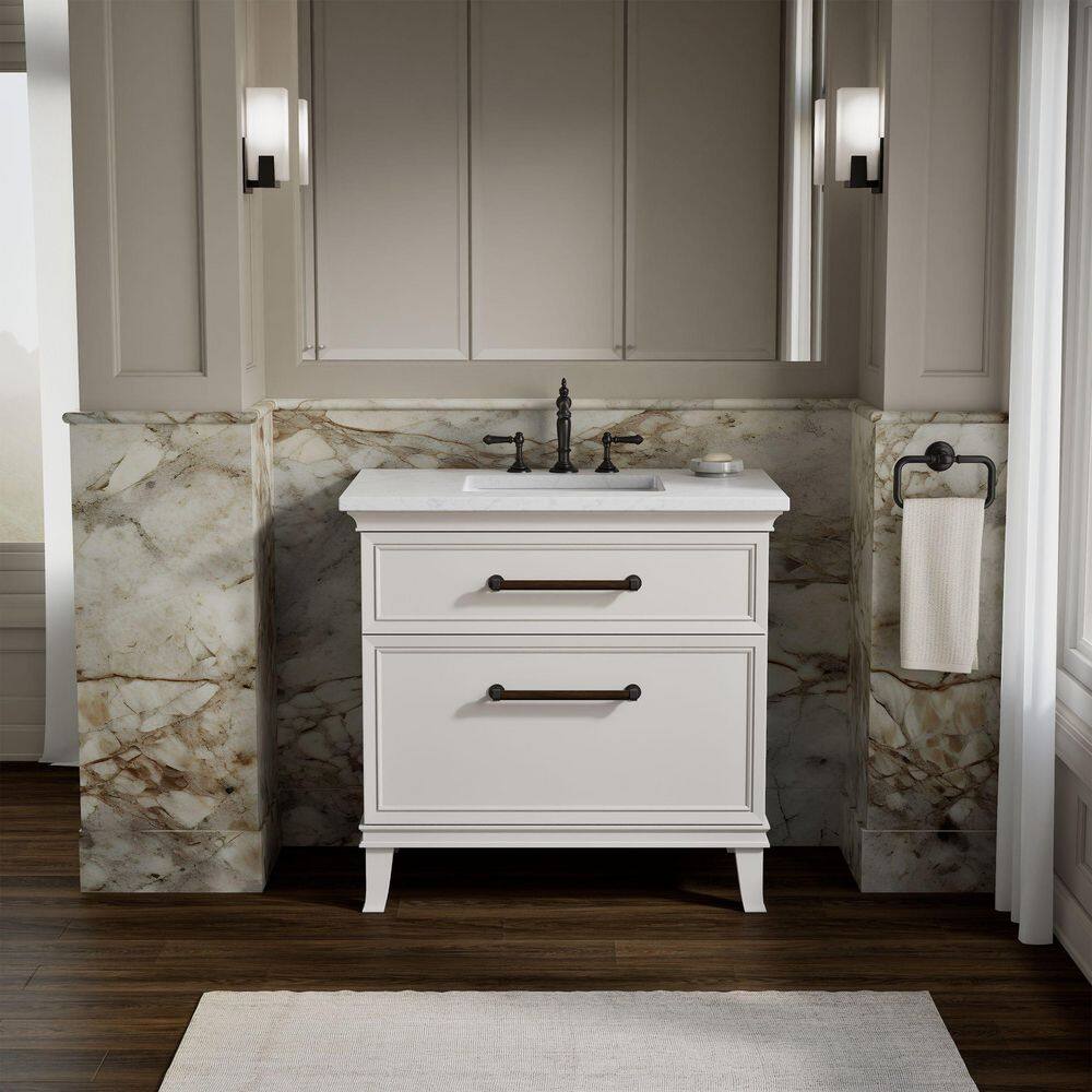 Artifacts 36 in. Freestanding Linen White Bath Vanity with White Eternal Statuario Quartz Top And Black Hardware