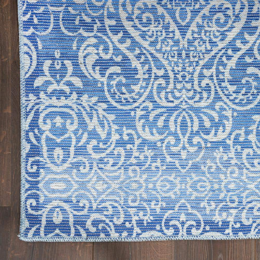 Waverly Blue Damask Washable Synthetic Area Rug, 8' x 10'