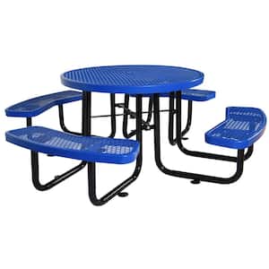 85 in. x 85 in. x 28.9 in. Round Outdoor Steel Picnic Table Blue, with Umbrella Pole