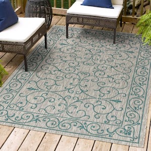 Charleston Vintage Filigree Textured Weave Indoor/Outdoor Teal/Gray 3 ft. x 5 ft. Area Rug