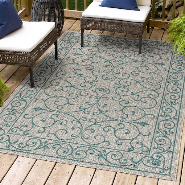 JONATHAN Y Charleston Vintage Filigree Textured Weave Indoor/Outdoor Teal/Gray 3 ft. x 5 ft. Area Rug