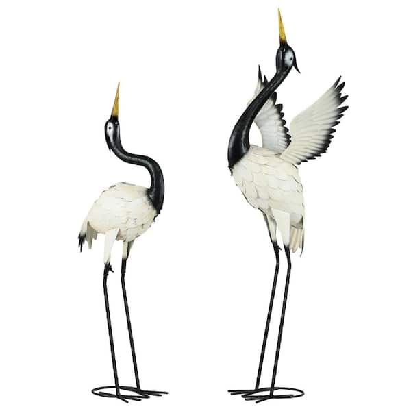 2-Set White & Black 35.5 x 40.5 Standing Garden Statues, Bird Sculptures, Metal Yard Art Decor for Patio, Backyard,