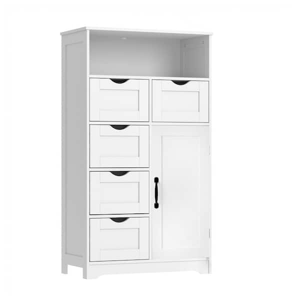 Tileon 24 in. W x 13 in. D x 42 in. H White Wood Linen Cabinet, Floor Cabinet with 1 Door, 5 Drawers and Adjustable Shelf