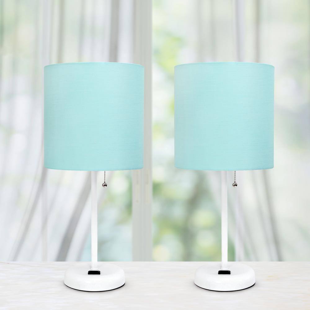 19.5" White Stick Table Lamp Set with Aqua Fabric Shades