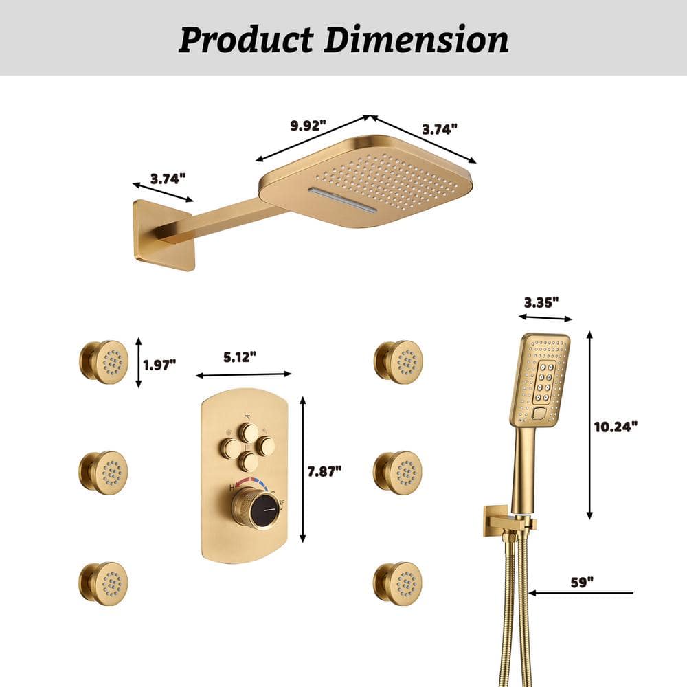Brushed Gold Dual Square Wall Mounted Shower System with Body Jets