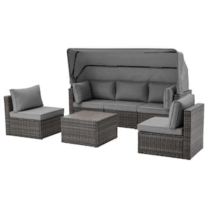 6-Pieces Wicker Outdoor Patio Conversation Couch Set Adjustable Canopy and Backrest, with Gray Cushions for Outside