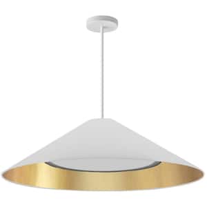 Padme 1-Light Matte White Shaded Integrated LED Pendant Light with White/Gold Fabric Shade