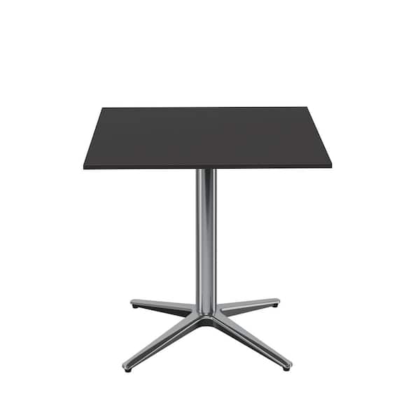 31 in. Black Metal Square Outdoor Bistro Pedestal Table with Silver Thick Stainless Steel Legs