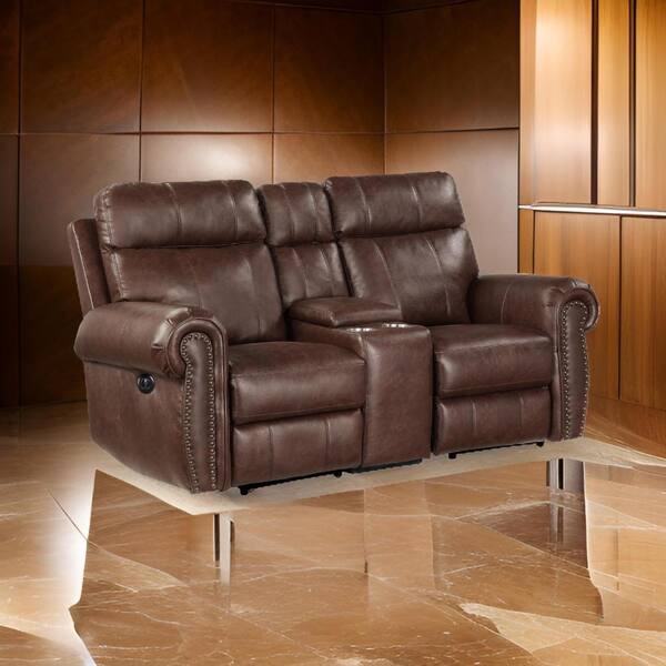 Benjara 74.5 in. Rolled Arm Faux Leather Rectangle Loveseat Recliner Sofa in Brown