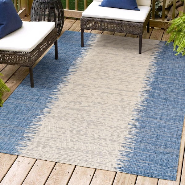 JONATHAN Y Tavira Modern Stripe Blue/Beige 8 ft. x 10 ft. Indoor/Outdoor Area Rug