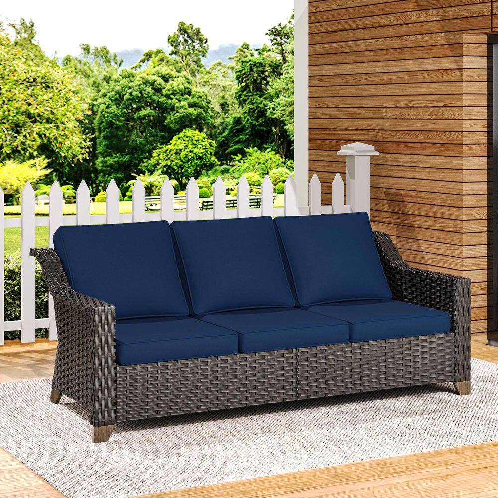 Deep Brown Wicker Outdoor Couch Patio Sofa with Wide Armrests and Thick Blue Cushions price history on PriceWatchPro