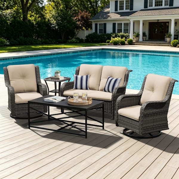 5-Piece Wicker Outdoor Conversation Set Patio Swivel Rocking Chairs and Loveseat with Coffee table and Beige Cushions