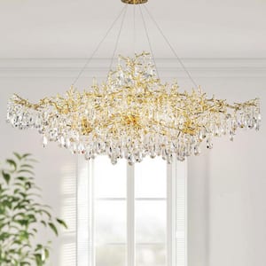 14-Lights Gold Luxury Crystal Linear Chandelier, Modern Tree Branch Chandelier for Dinning Room, Kitchen, Living Room